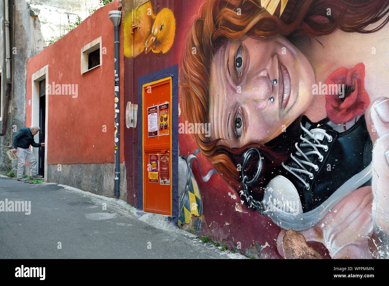 Italy, Sicily, Catania, Baroque city listed as UNESCO World Heritage, mural in the Via Buscemi Stock Photo
