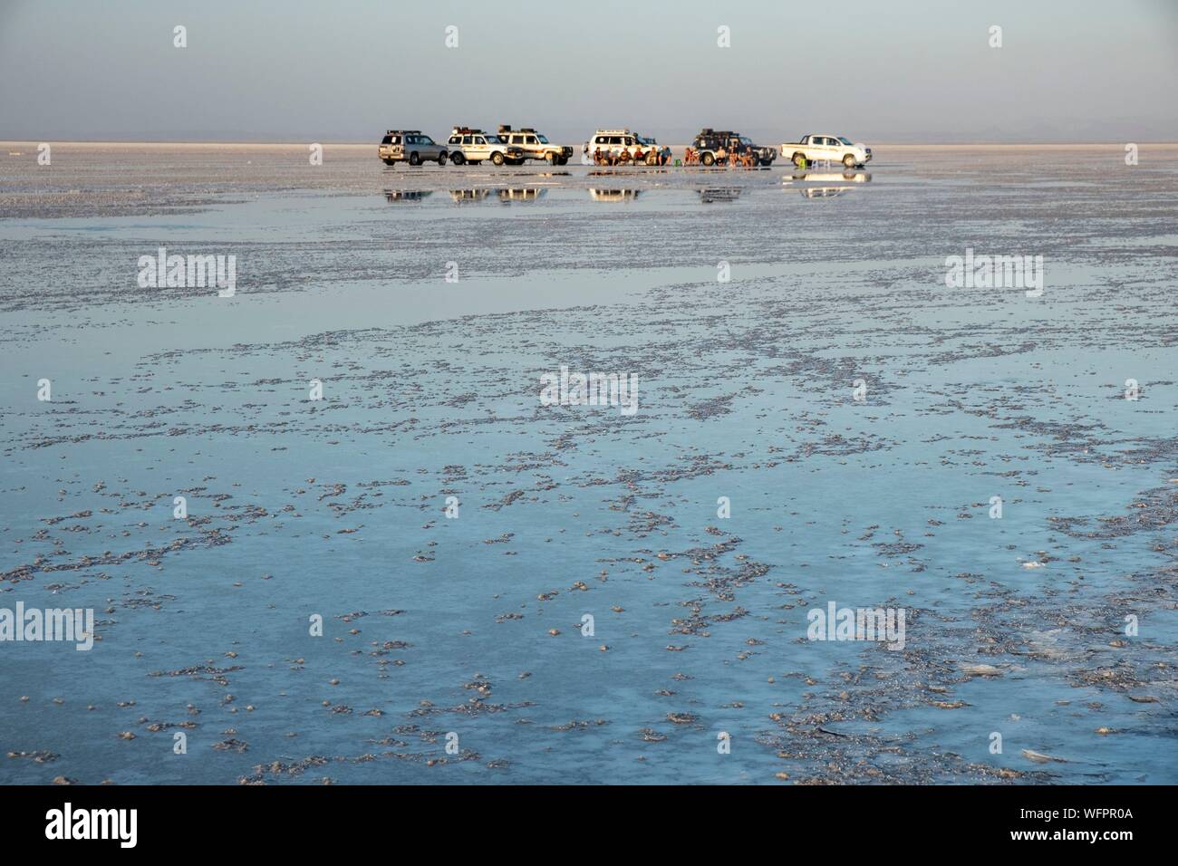 Ethiopia, Afar regional state, Danakil depression, lake Karoum, tourist vehicles Stock Photo