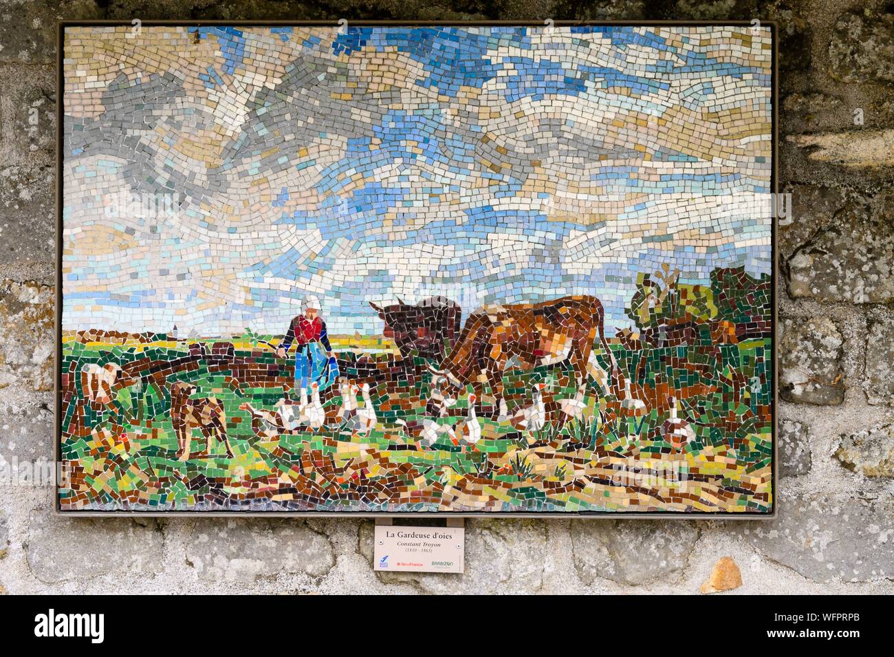 France, Seine-et-Marne, Barbizon, natural regional park of Gâtinais, reproduction of the painting la gardeuse d'oies of Constant Troyon on a wall of the city Stock Photo