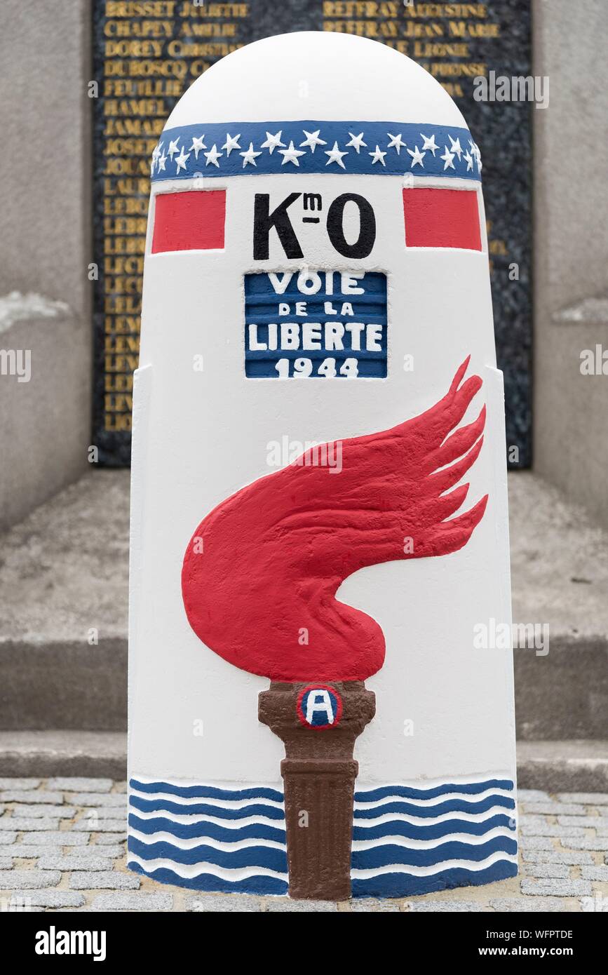 France, Manche, Cotentin, Sainte Mere Eglise, KM 0 on the Liberty Road