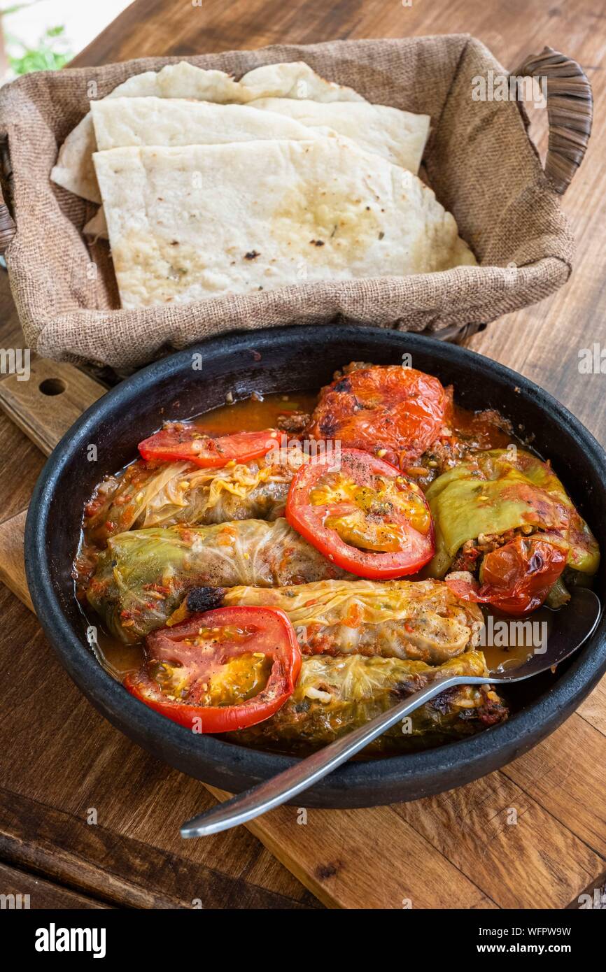 Armenia, Tavush region, Dilijan, thermal and spa resort nestled in a mountainous and wooded area, dolmas specialty at Kchuch Restaurant Stock Photo