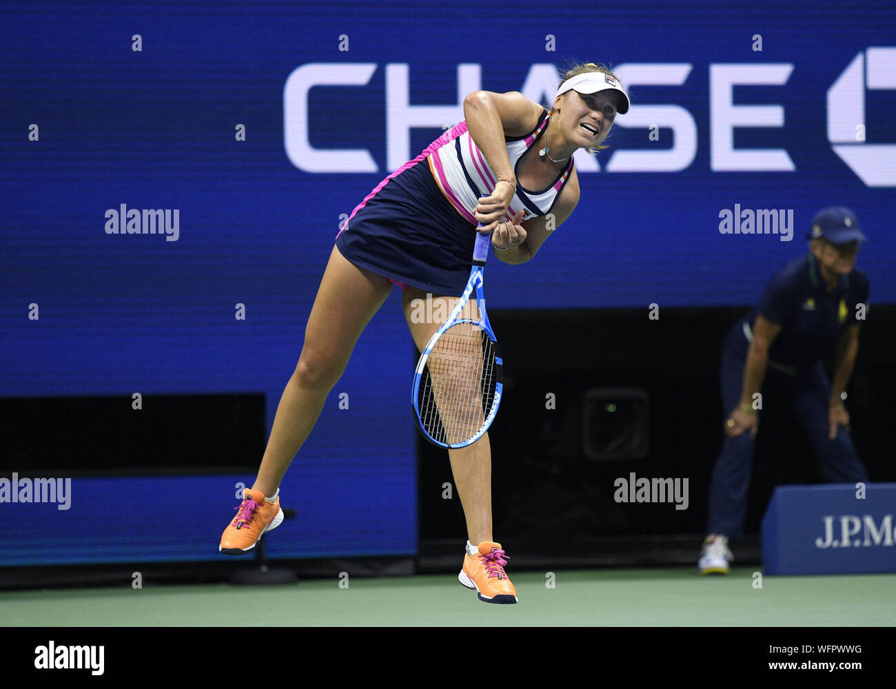 30th August 2019; Billie Jean King Tennis Center, New York, USA;    Sofia Kenin (USA) hitting a serve during her 3rd round match in the women's singles championship's at the US Open on August 30, 2019 Stock Photo