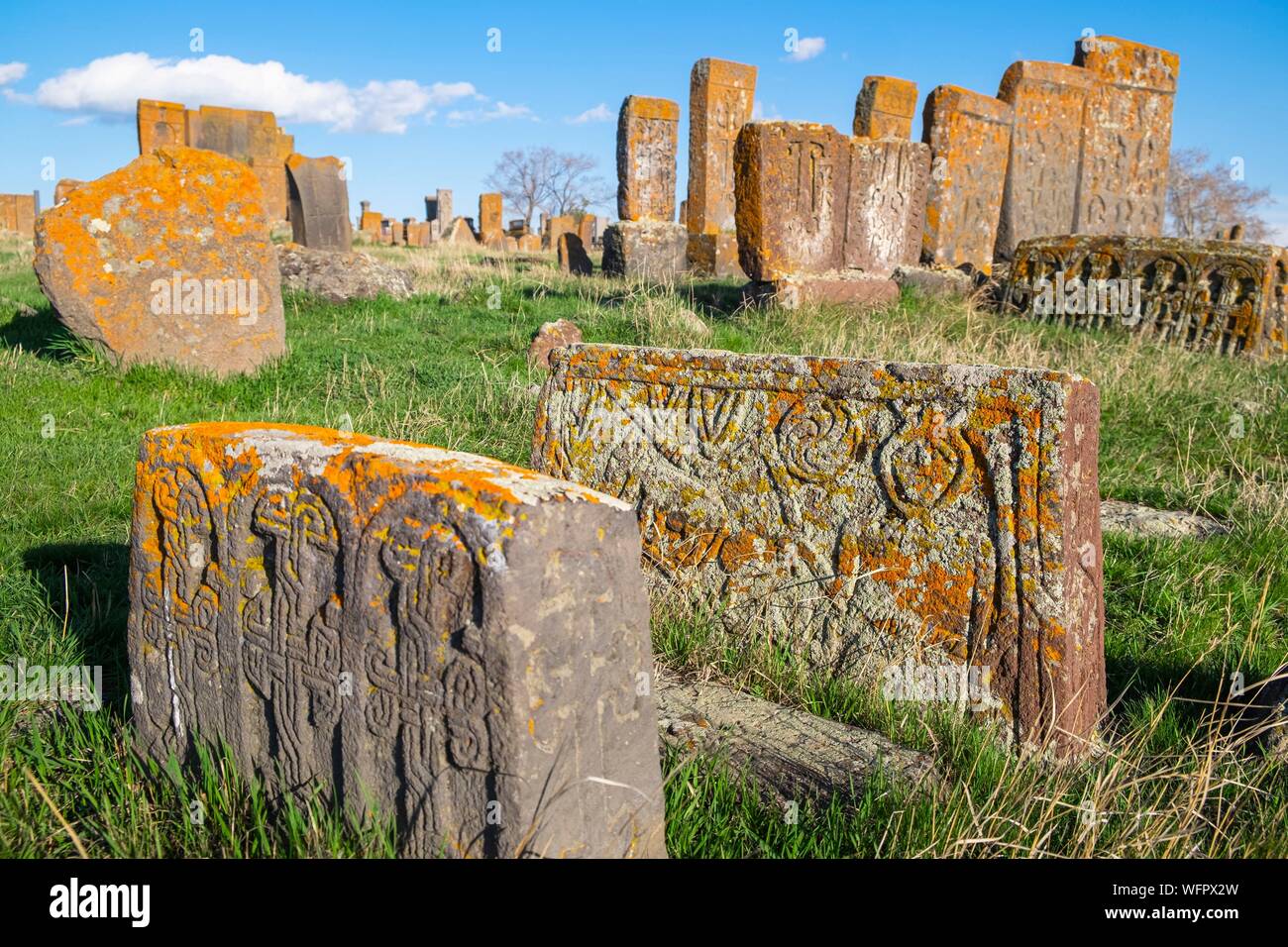 Armenia, Gegharkunik region, surroundings of Sevan, Noraduz (or Noratus), cemetery of medieval tombs called khachkars on the banks of Sevan lake Stock Photo