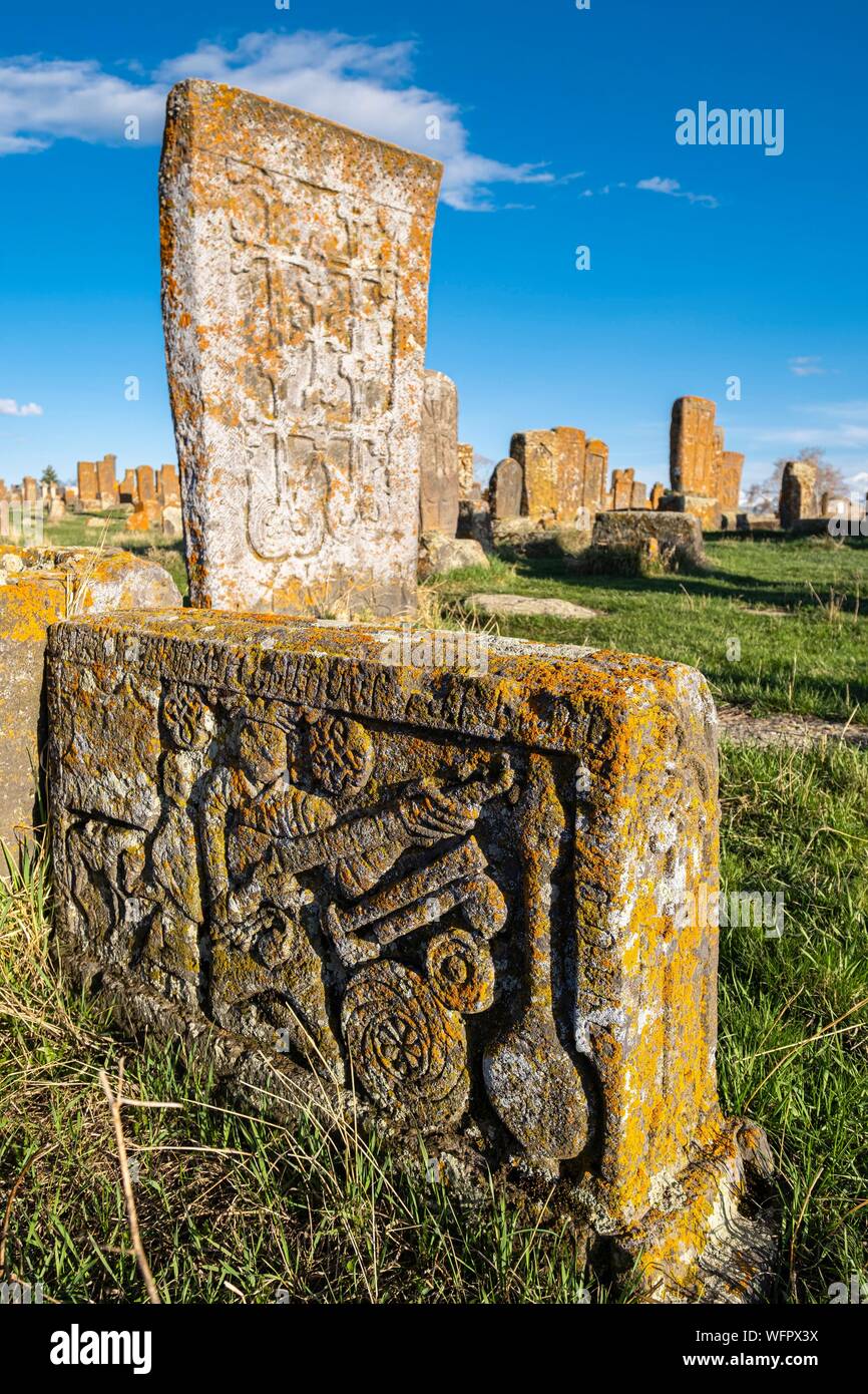 Armenia, Gegharkunik region, surroundings of Sevan, Noraduz (or Noratus), cemetery of medieval tombs called khachkars on the banks of Sevan lake Stock Photo