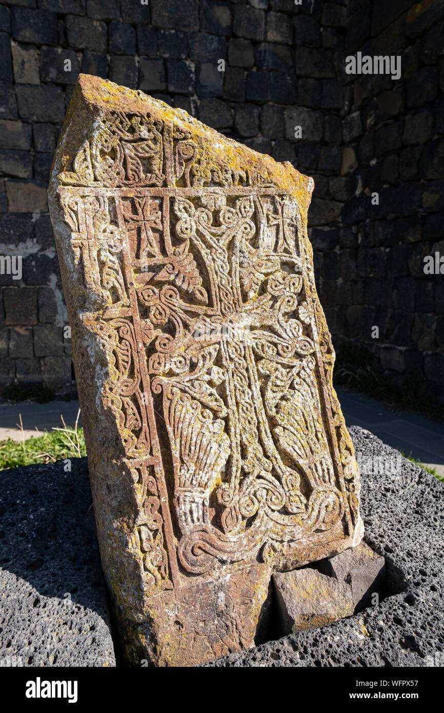 Armenia, Gegharkunik region, Sevan, Sevanavank monastery on the banks of Sevan lake, khatchkar (carved memorial stele) Stock Photo