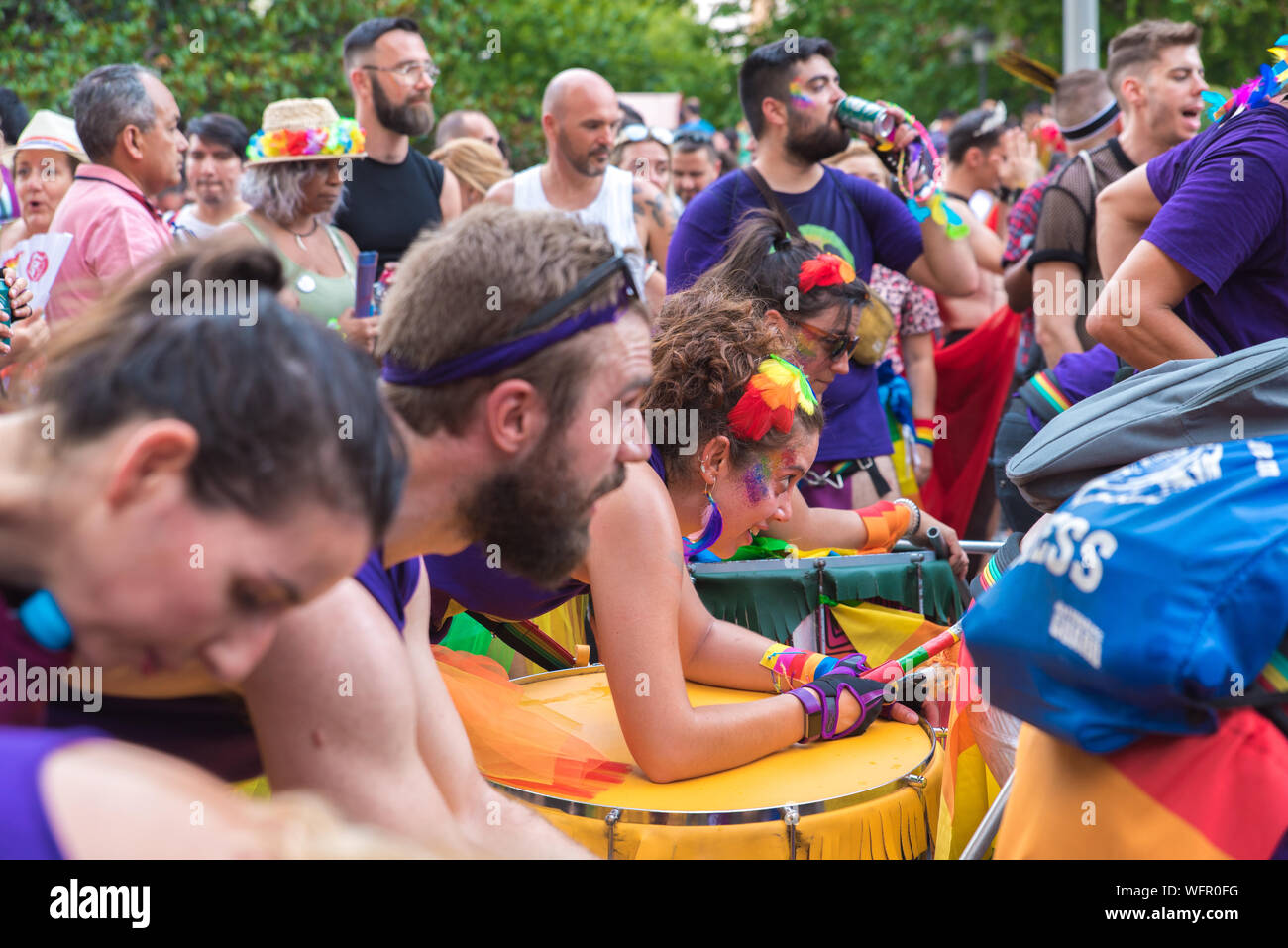 People playing music at Madrid Pride Stock Photo