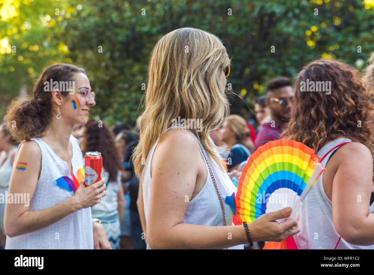 Friends at Gay Pride march in Madrid Stock Photo