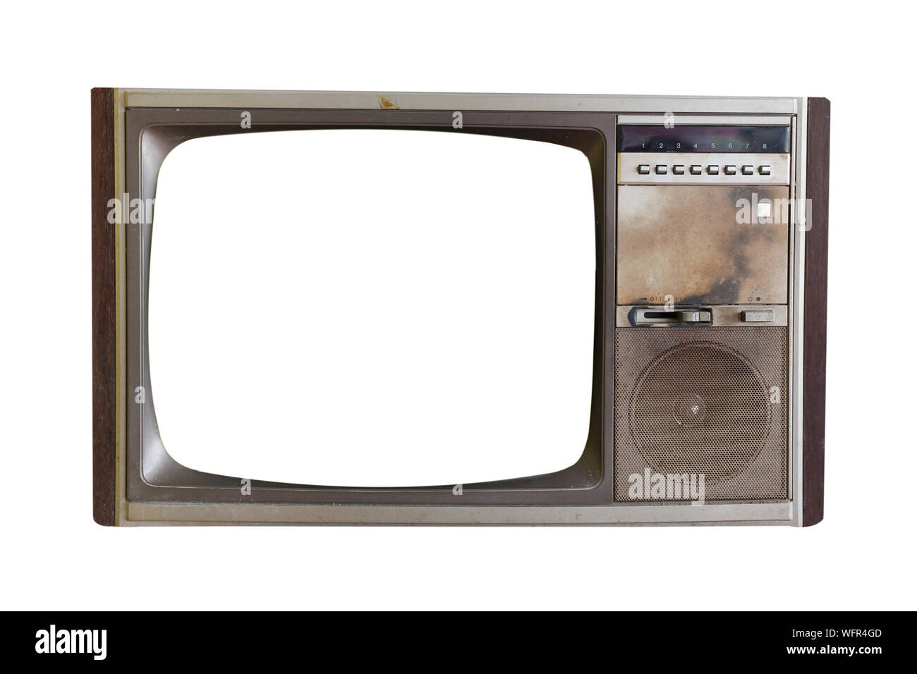 Close-up Of Vintage Television Set Against White Background Stock Photo