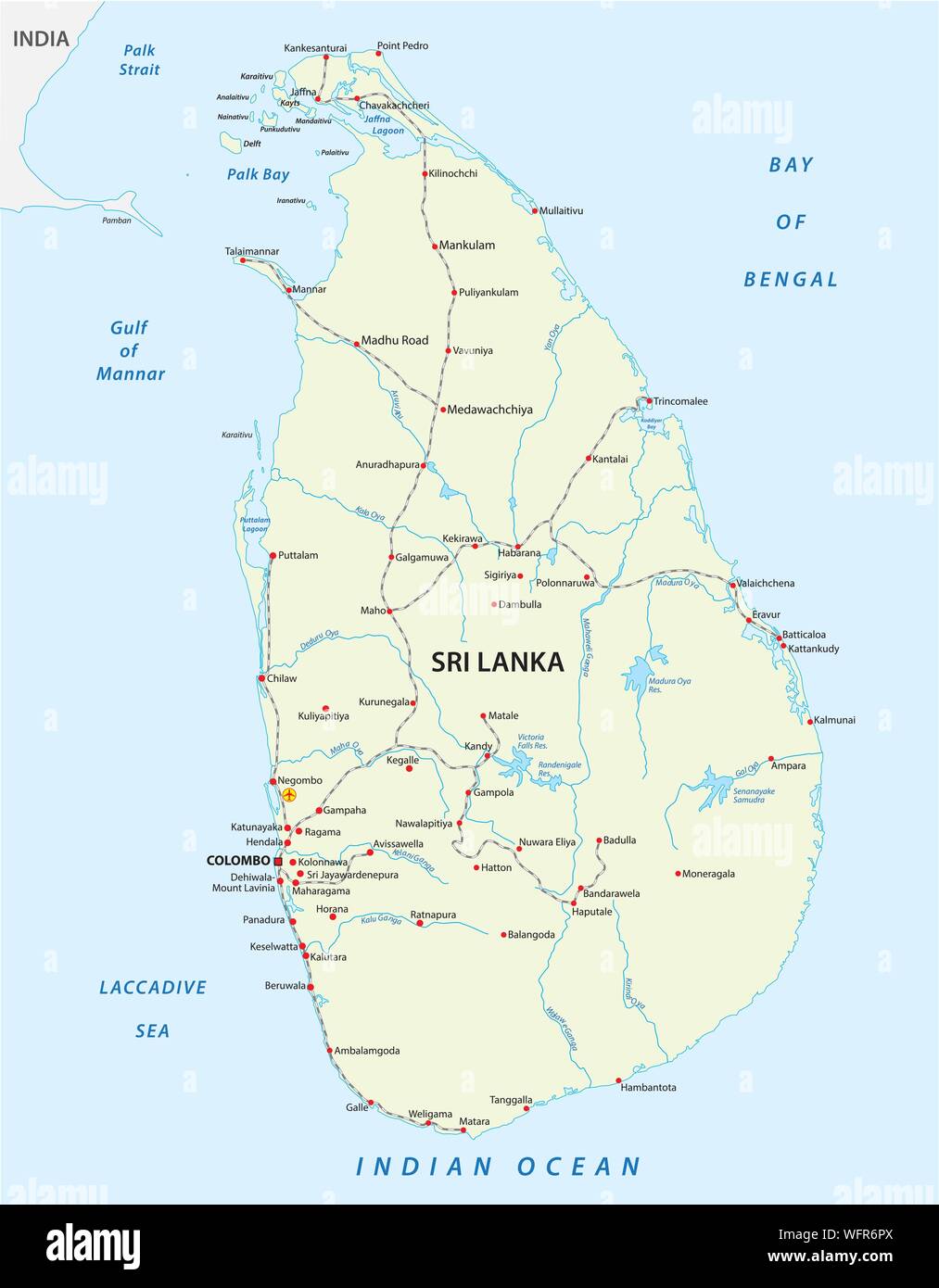 Democratic Socialist Republic of Sri Lanka Railway map Stock Vector