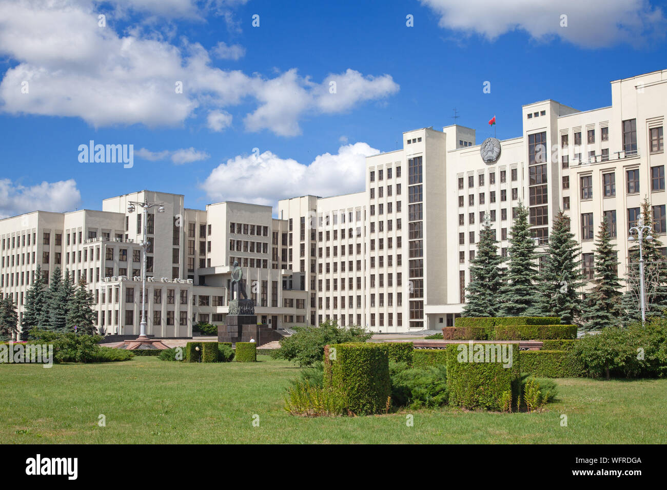 Parliament building on the Independence square in Minsk, Belarus. Building and statue constructed in 1933. Stock Photo