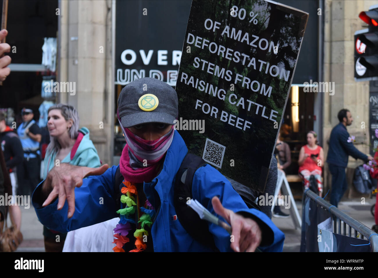 Manchester, UK. 31st Aug, 2019. The Extinction Rebellion movement continue the second day of their 4 day protest on Deansgate one of Manchesters major routes through the city causing traffic chaos. Credit: Ben Earlam/Alamy Live News Stock Photo
