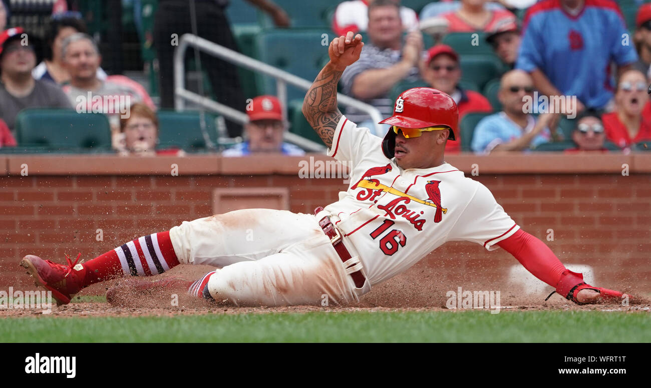 St. Louis Cardinals Kolten Wong slides into home plate untouched, scoring from second base on a single by Paul Goldschmidt in the seventh inning against the Cincinnati Reds at Busch Stadium in St. Louis on Saturday, August 31, 2019. Photo by Bill Greenblatt/UPI Stock Photo