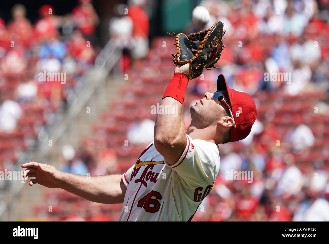 St. Louis Cardinals Paul Goldschmidt catches a baseball off the bat of Cincinnati Reds Aristedes Aquino in the first inning at Busch Stadium in St. Louis on Saturday, August 31, 2019.      Photo by Bill Greenblatt/UPI Stock Photo