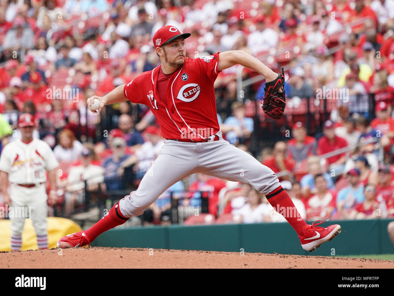 Cincinnati Reds starting pitcher Trevor Bauer delivers a pitch to the St. Louis Cardinals in the third inning at Busch Stadium in St. Louis on Saturday August 31, 2019. Photo by Bill Greenblatt/UPI Stock Photo