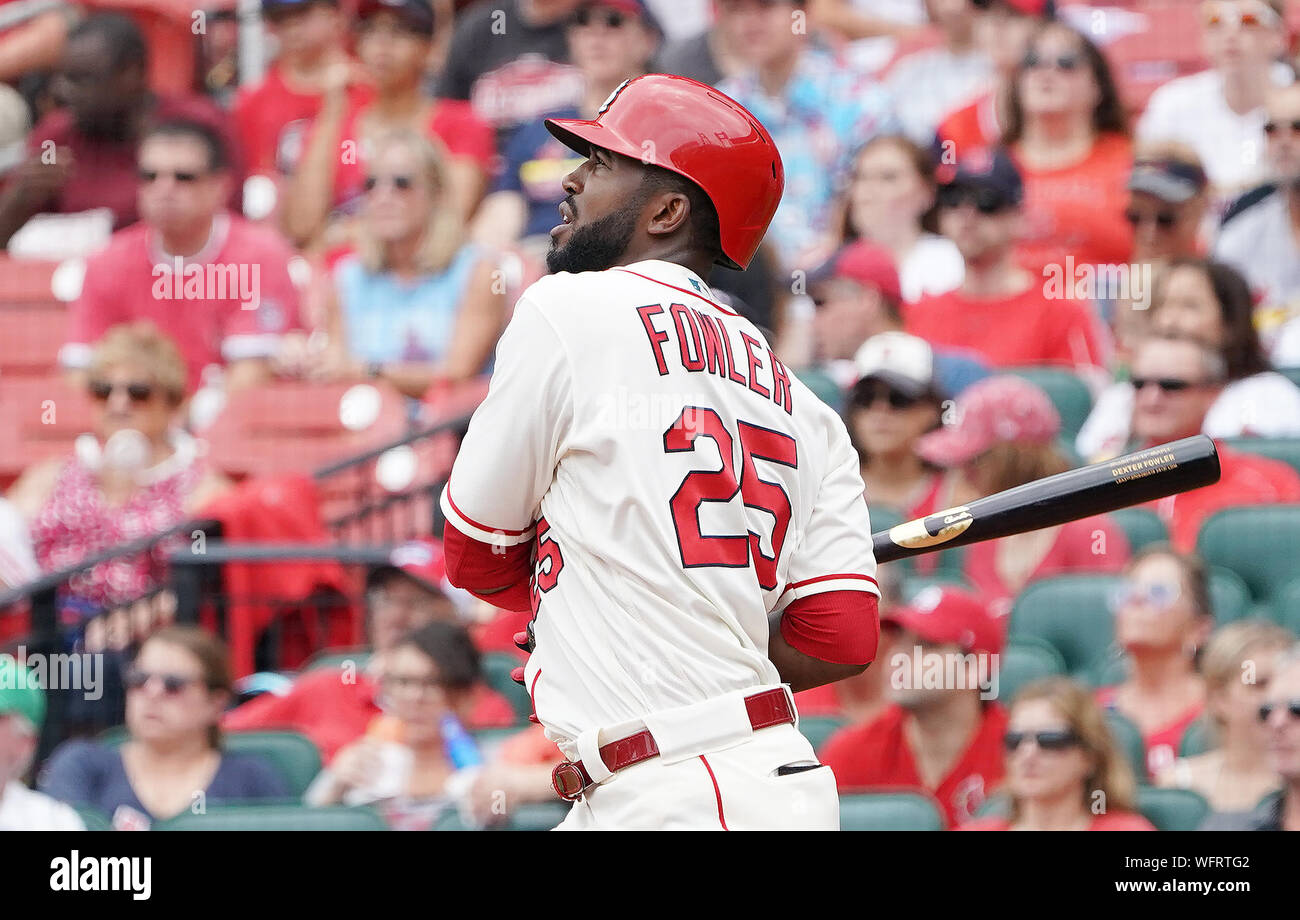 St. Louis Cardinals Dexter Fowler watches as his solo home run leaves the park in the second inning against the Cincinnati Reds at Busch Stadium in St. Louis on Saturday August 31, 2019. Photo by Bill Greenblatt/UPI Stock Photo