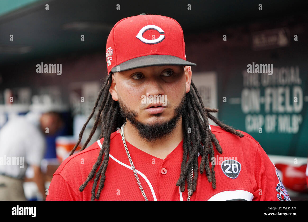 Cincinnati Reds Freddy Galvis takes to the field at the end of the second inning against the St. Louis Cardinals at Busch Stadium in St. Louis on Saturday, August 31, 2019.     Photo by Bill Greenblatt/UPI Stock Photo