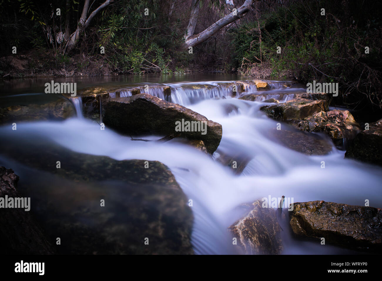 The flow of water alongside the stream stones Stock Photo