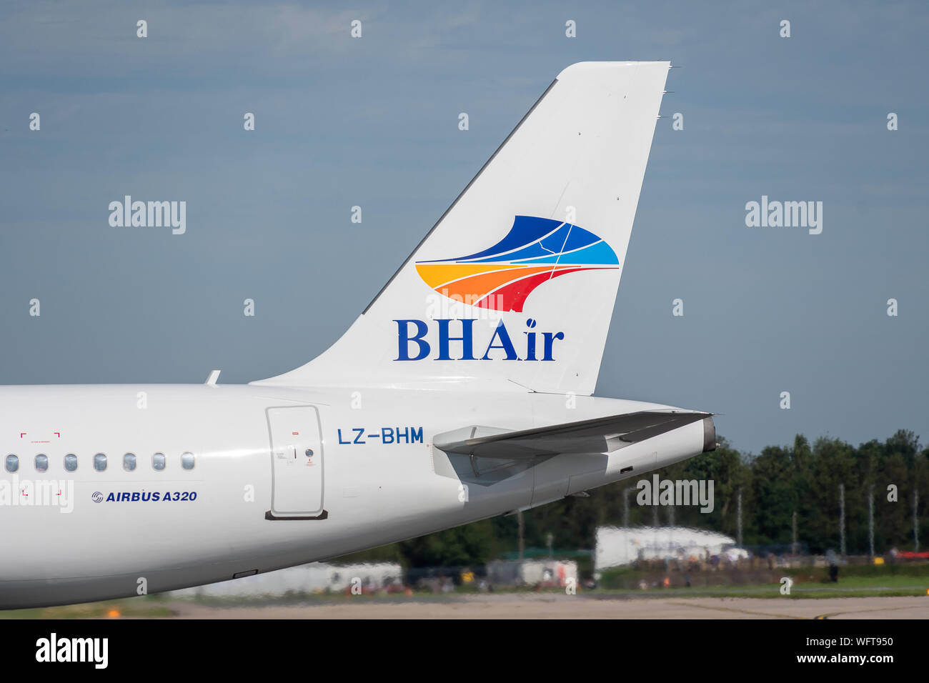 MANCHESTER, UNITED KINGDOM - AUGUST 24, 2019: BH Air Airbus A320 tail livery Stock Photo