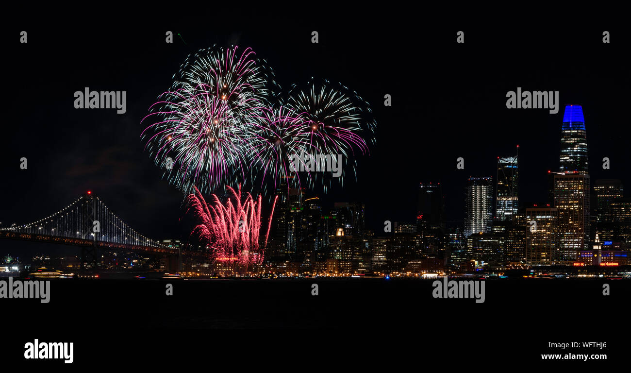 New Years Eve Fireworks over San Francisco from Treasure Island Stock