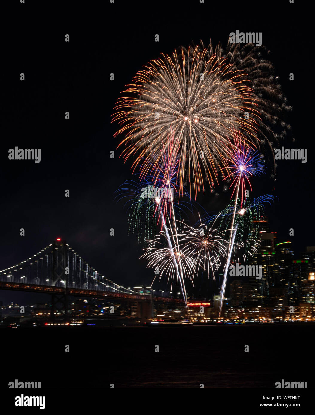 New Years Eve Fireworks over San Francisco from Treasure Island Stock