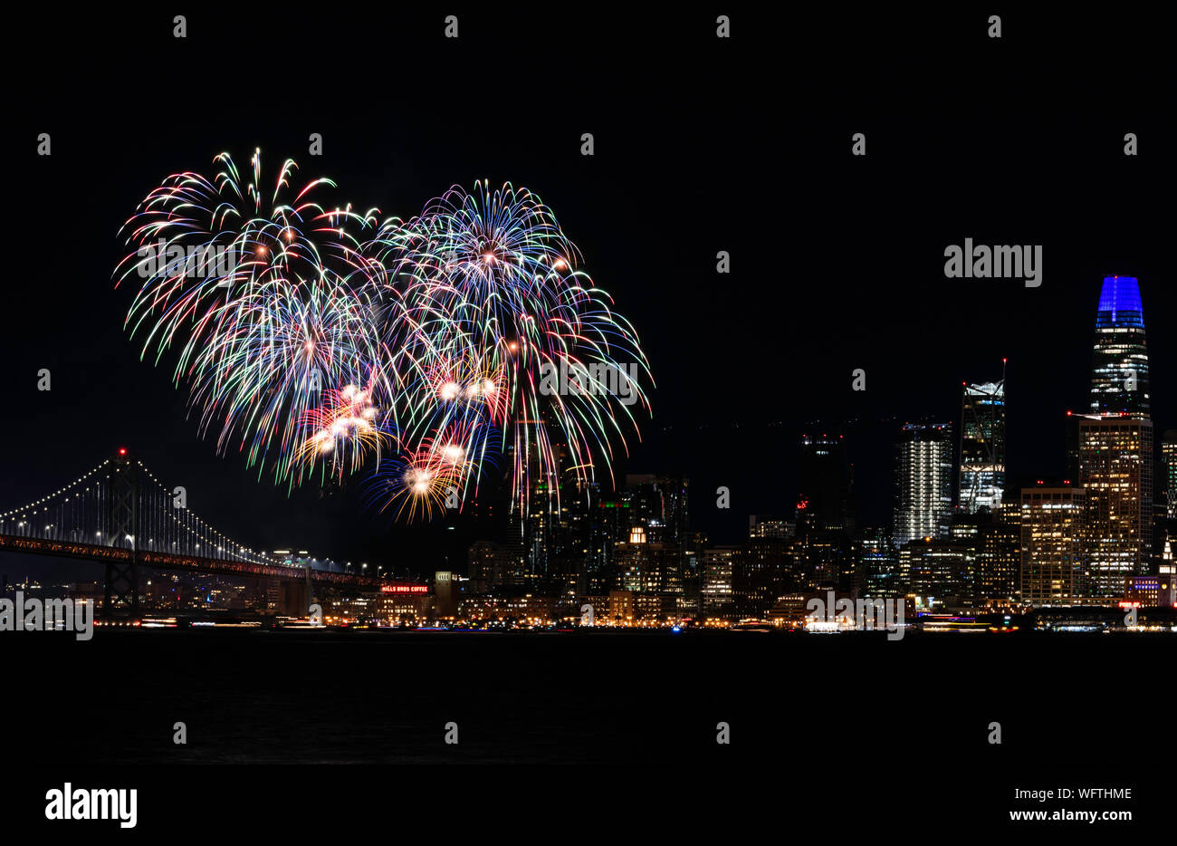 New Years Eve Fireworks over San Francisco from Treasure Island Stock