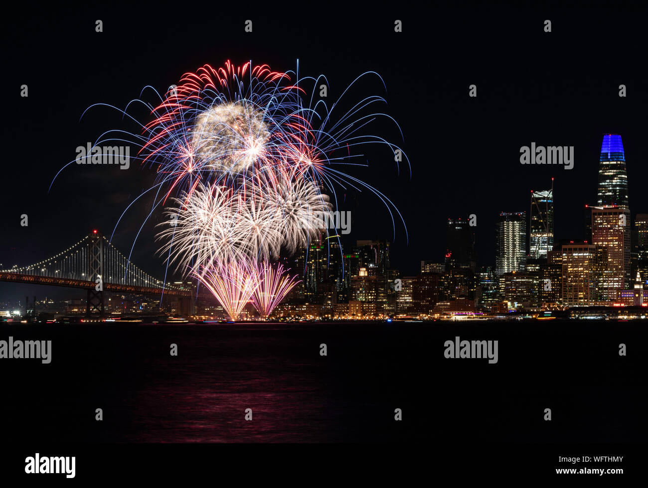 New Years Eve Fireworks over San Francisco from Treasure Island Stock