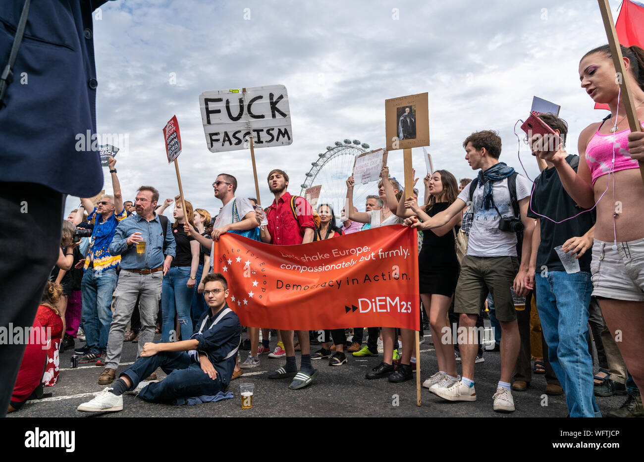 31th Aug 2019 - London, UK. A Large number of London protesters brought Westminster bridge to a standstill. Stock Photo