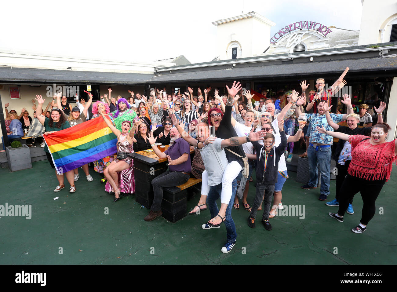 Bognor Regis, UK. The first ever Pride event in Bognor Regis pictured taking place on Bognor Regis Pier along with an impromptu Pride march around the town. Also the first Pride to ever take place on a pier in the UK. Saturday 31st August 2019 © Sam Stephenson / Alamy Live News. Stock Photo