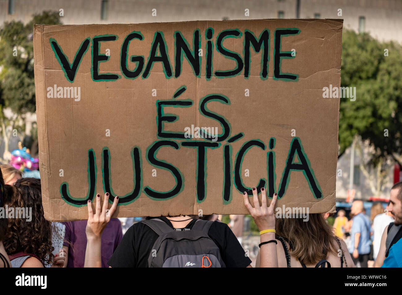 A protester holds a placard in defence of the vegan diet during the demonstration.Convened by the Barcelona Animal Save organisation hundreds of people have demonstrated in defence of animal rights and a vegan diet. Stock Photo