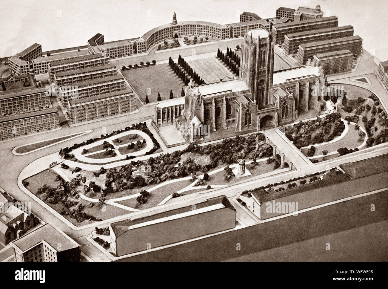 The original plans for the Anglican Liverpool Cathedral, the largest cathedral and religious building in Britain, built on St James's Mount in Liverpool.  Based on a design by 22-year-old Giles Gilbert Scott, who was still an articled pupil and had no existing buildings to his credit, it was constructed between 1904 and 1978, however the bridge over the cemetery was never built and the east doorway is now an outdoor cafe.  The total external length of the building,  is 207 yards (189 m) making it the longest cathedral in the world. It's full name is the Cathedral Church of Christ in Liverpool. Stock Photo