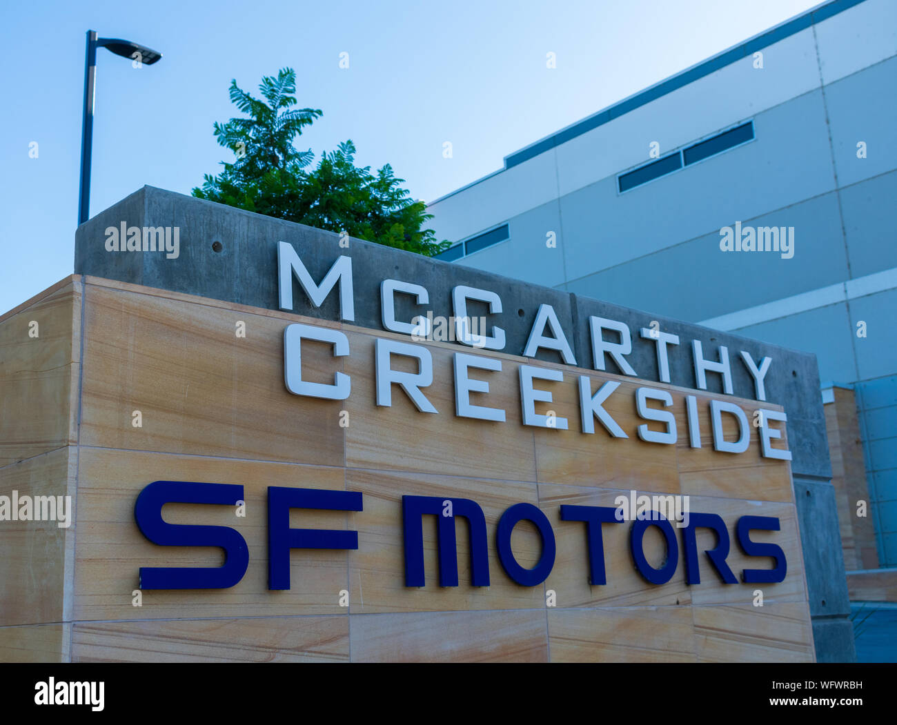 SF Motors sign at company headquarters in Silicon Valley, high-tech hub of San Francisco Bay Area Stock Photo