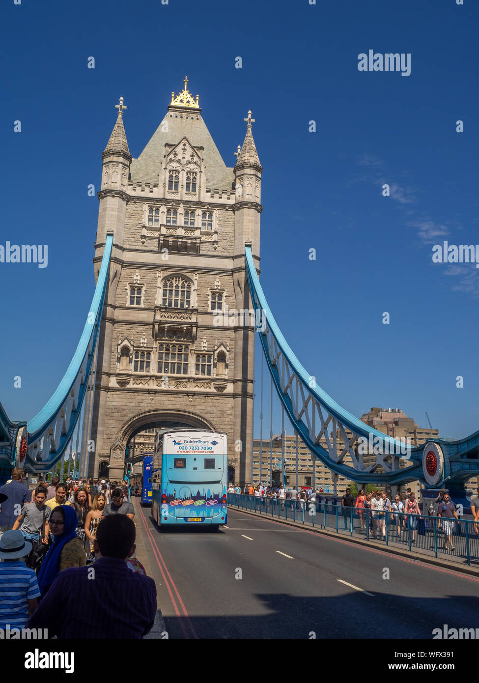 London, England - August 5, 2018: London's famous Tower Bridge on blue sky summer day. Tower Bridge is one of London's most famous tourist attractions Stock Photo