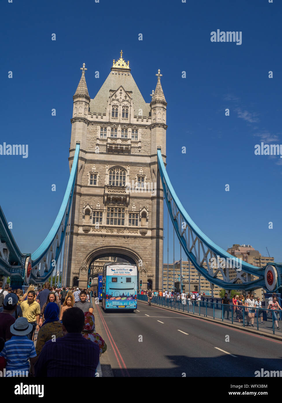 London, England - August 5, 2018: London's famous Tower Bridge on blue sky summer day. Tower Bridge is one of London's most famous tourist attractions Stock Photo