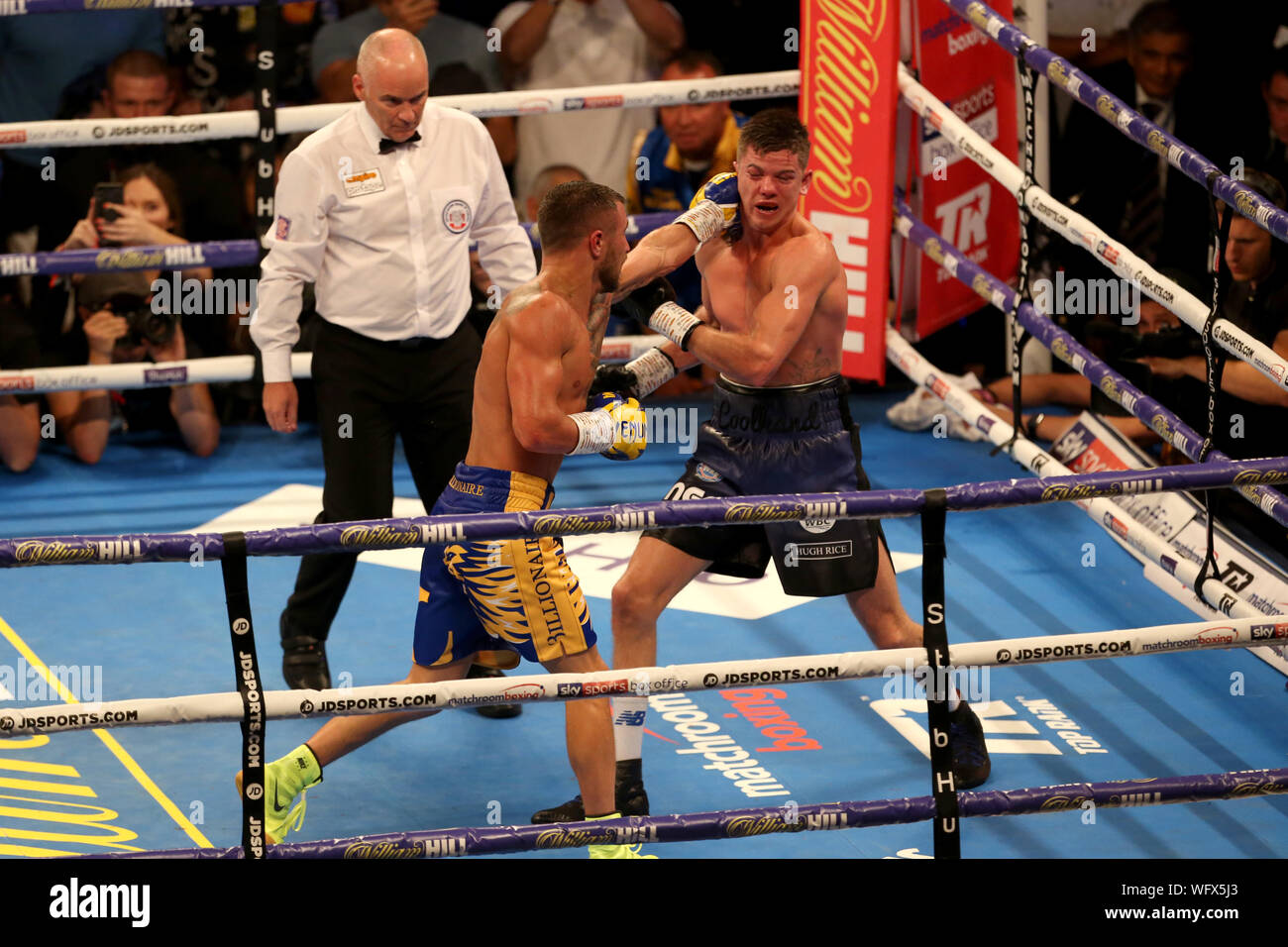 vasiliy lomachenko left and luke campbell in action during the wbc wbo wba ring magazine world lightweight championship contest at the o2 arena london WFX5J3