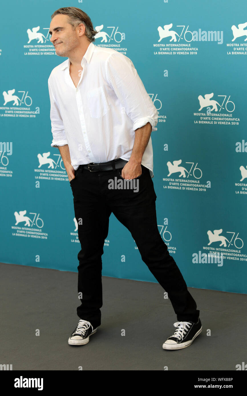 Italy, Lido di Venezia, August 31, 2019 : Joaquin Phoenix at the photocall of  'Joker' film by Todd Phillips, during the 76th Venice Film Festival   P Stock Photo