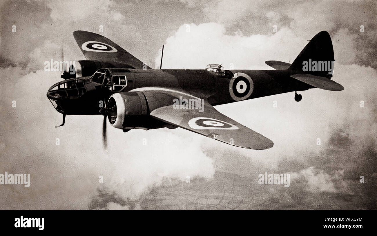 A Bristol Blenheim in flight. The British light bomber aircraft designed and built by the Bristol Aeroplane Company was used extensively in the first two years and in some cases throughout the Second World War.  It was one of the first British aircraft with an all-metal stressed-skin construction, retractable landing gear, flaps, a powered gun turret and variable-pitch propellers. The Mk I was faster than most fighters in the late 1930s but the advance in development of monoplane fighters made all bombers more vulnerable particularly if flown in daylight, though it proved successful as a night Stock Photo