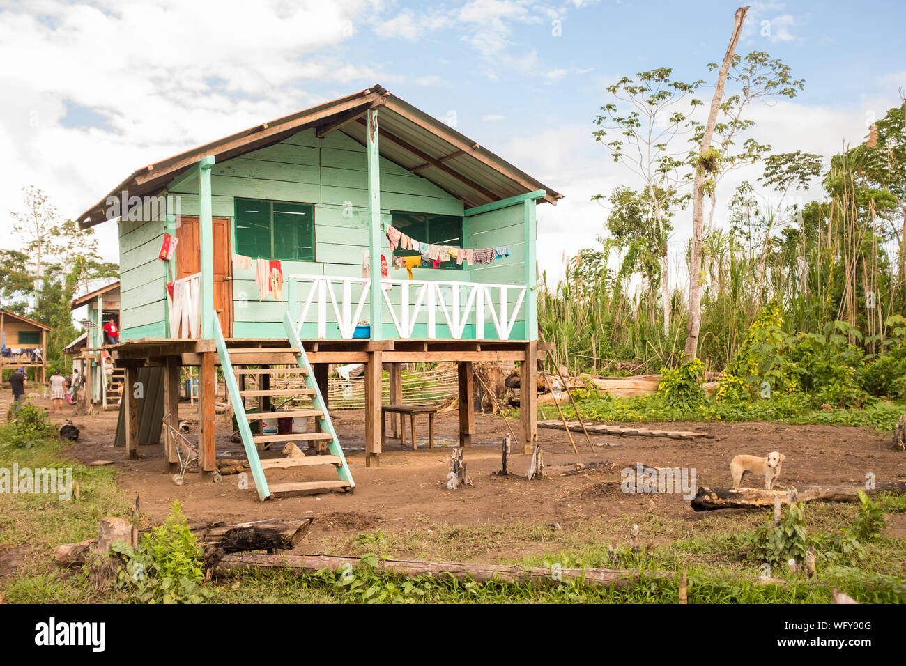 Elevated House Built on Pillars in the Amazon Rain Forest Stock Photo