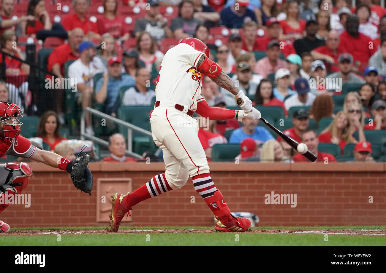 St. Louis Cardinals Kolten Wong connects for a triple in the first inning against the Cincinnati Reds of Game 2 of their double header at Busch Stadium in St. Louis on Saturday, August 31, 2019. Photo by Bill Greenblatt/UPI Stock Photo