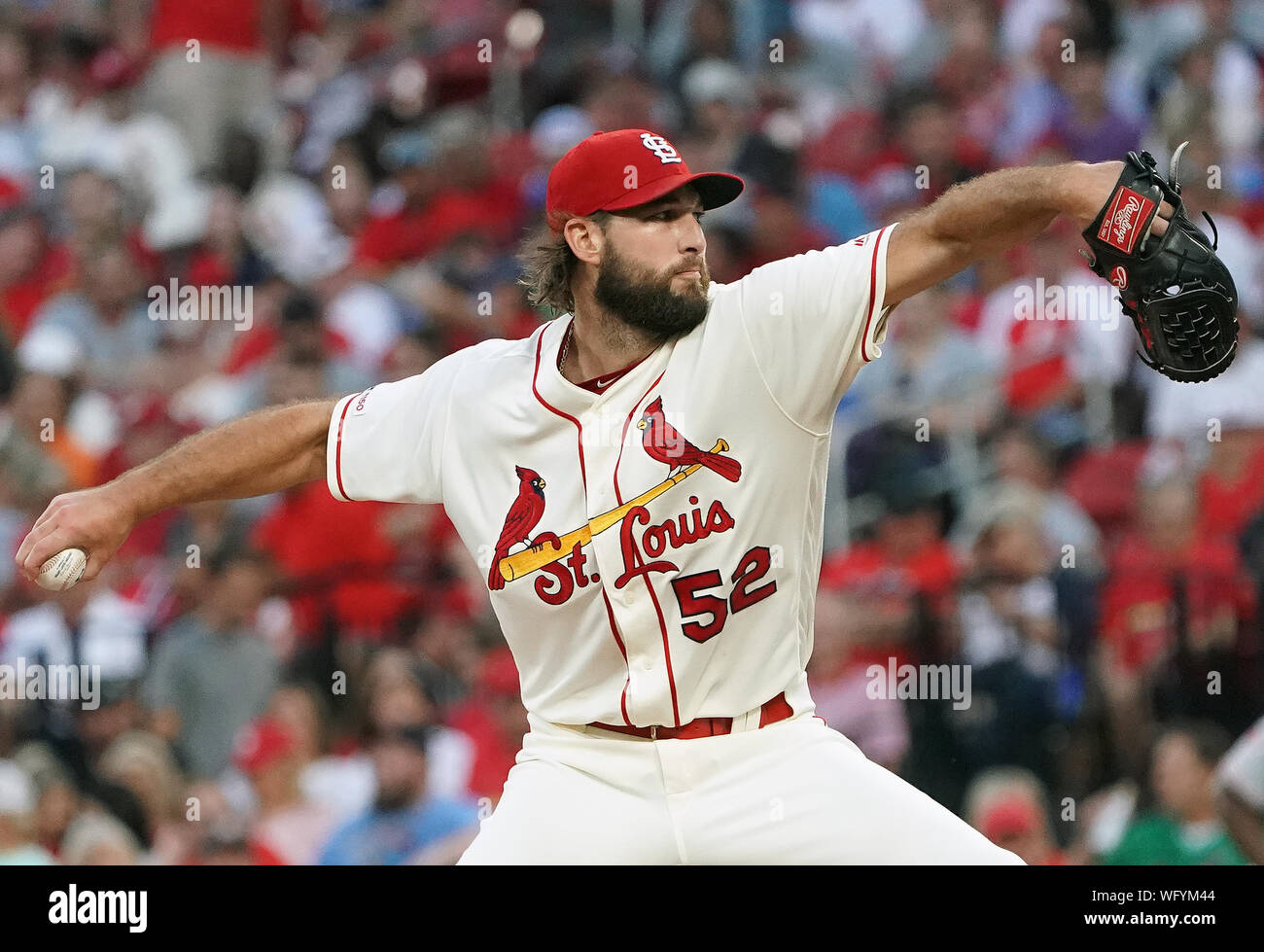St. Louis Cardinals starting pitcher Michael Wacha delivers a pitch to the Cincinnati Reds in the second inning in Game 2 of their double header at Busch Stadium in St. Louis on Saturday, August 31, 2019. Photo by Bill Greenblatt /UPI Stock Photo