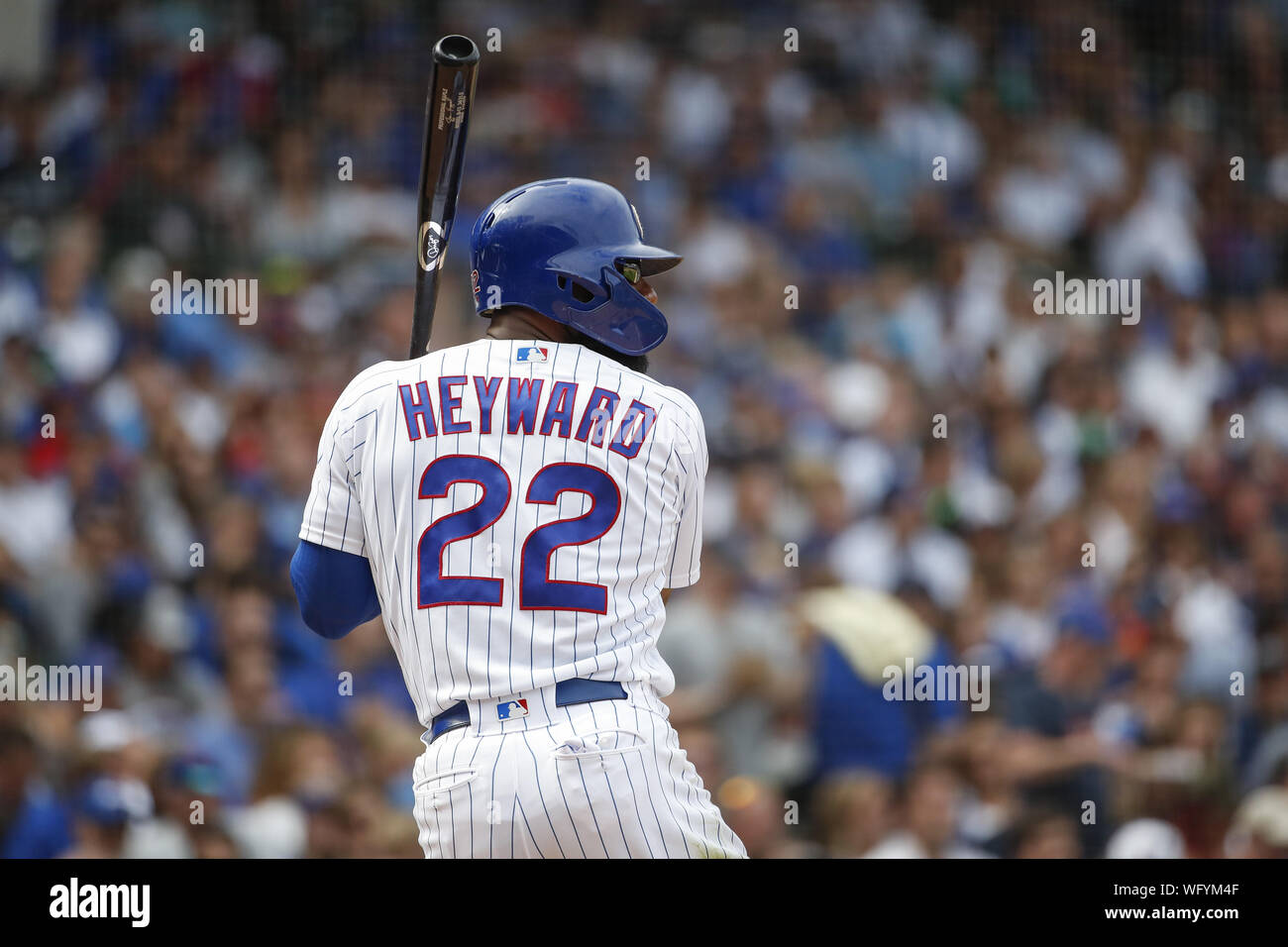 Chicago, USA. 31st Aug, 2019. Chicago Cubs right fielder Jason Heyward bats against the Milwaukee Brewers in the fifth inning at Wrigley Field on Saturday, August 31, 2019 in Chicago. Credit: UPI/Alamy Live News Stock Photo