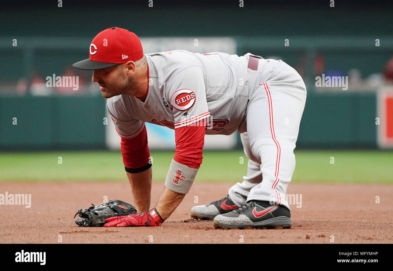 Cincinnati Reds Joey Votto stretches as he takes his position at first base for the first inning against the St. Louis Cardinals in Game 2 of their double header at Busch Stadium in St. Louis on Saturday, August 31, 2019. Photo by Bill Greenblatt/UPI Stock Photo