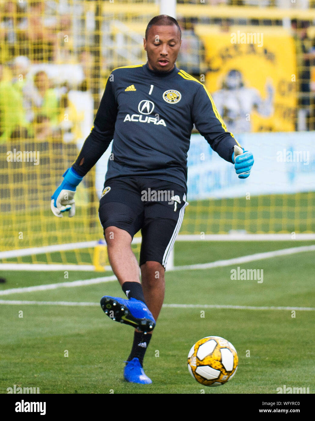 Columbus, Ohio, USA. 31 August, 2019. Columbus Crew SC goalkeeper Eloy Room (1) warms up before facing Chicago Fire in their match at Mapfre Stadium. Credit: Brent Clark/Alamy Live News Stock Photo