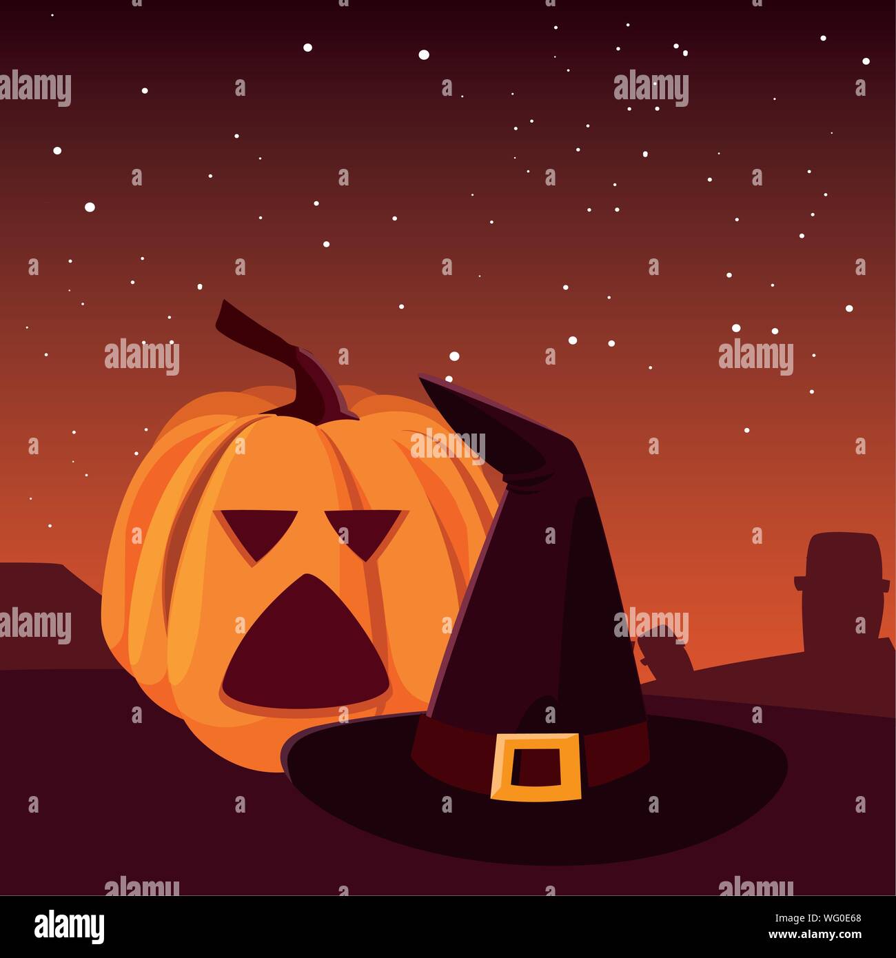pumpkin with hat happy halloween celebration night scene vector ...
