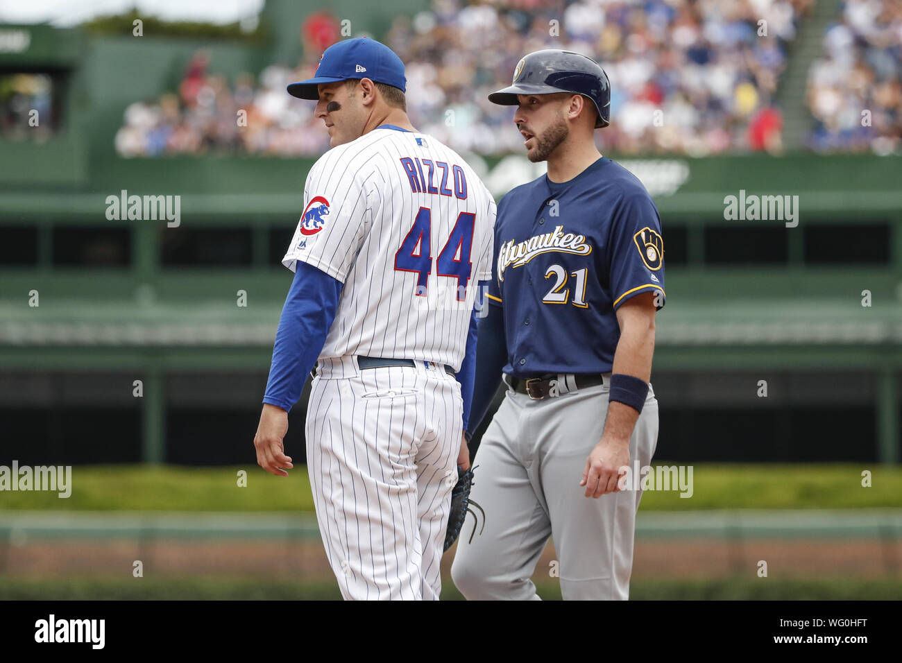 Chicago, USA. 31st Aug, 2019. Chicago Cubs first baseman Anthony Rizzo (44) chats with Milwaukee Brewers infielder Travis Shaw (21) in the sixth inning at Wrigley Field on Saturday, August 31, 2019 in Chicago. Credit: UPI/Alamy Live News Stock Photo