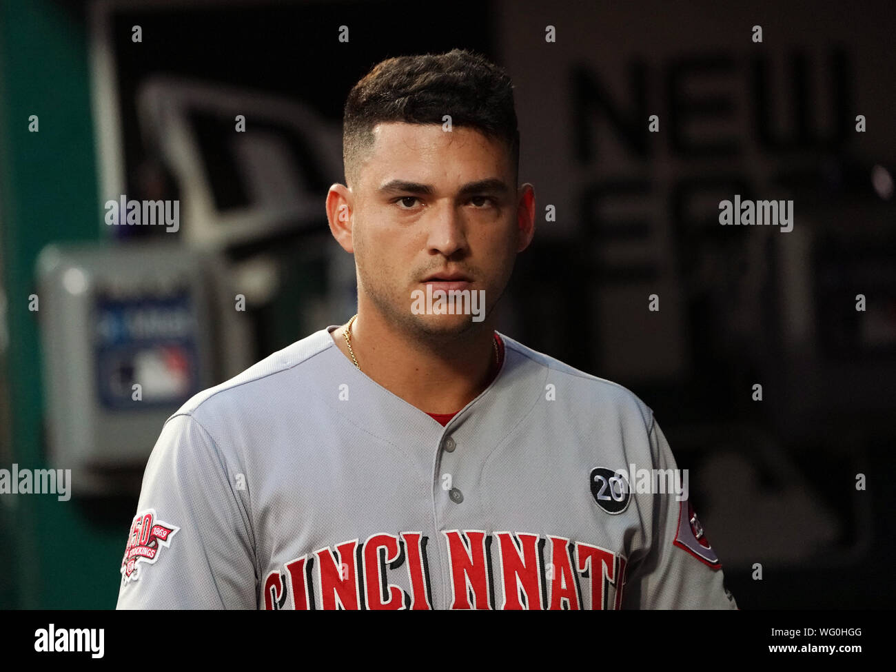 Cincinnati Reds Jose Iglesias walks in the dugout between innings of a game against the St. Louis Cardinals in Game 2 of their double header at Busch Stadium in St. Louis on Saturday, August 31, 2019. Photo by Bill Greenblatt/UPI Stock Photo