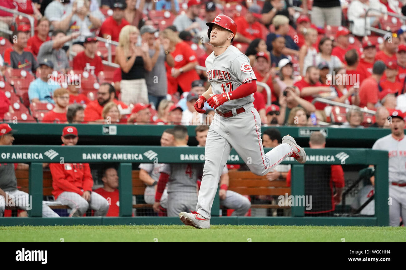 Cincinnati Reds Josh Vanmeter runs toward home, hitting the first pitch of the game over the wall for a solo home run in the first inning against the St. Louis Cardinals, in game 2 of their double header at Busch Stadium in St. Louis on Saturday, August 31, 2019.  Photo by Bill Greenblatt/UPI Stock Photo