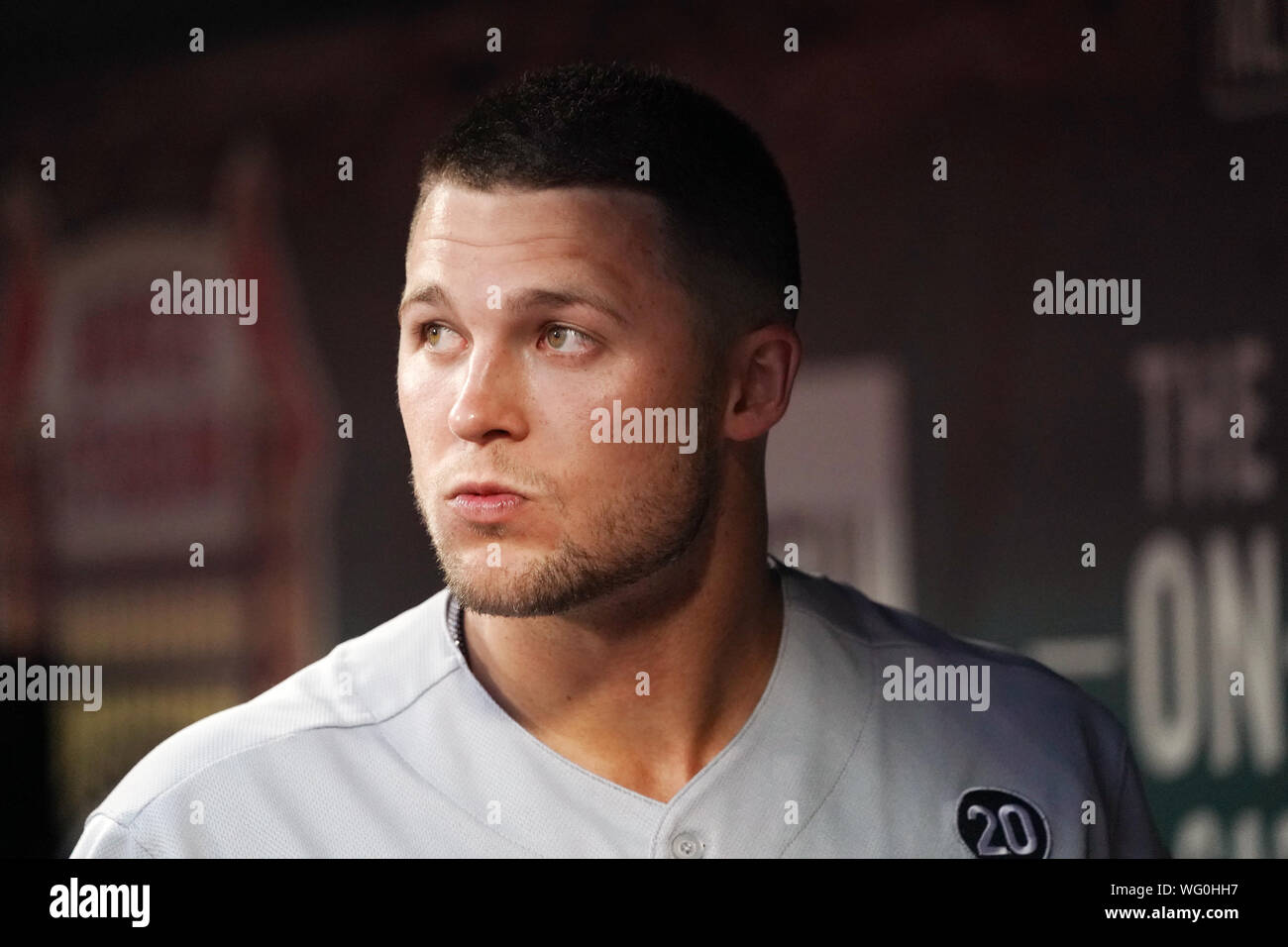 Cincinnati Reds Nick Senzel prepares to go to the field for the third inning against the St. Louis Cardinals in Game 2 of their double header at Busch Stadium in St. Louis on Saturday, August 31, 2019. Photo by Bill Greenblatt/UPI Stock Photo
