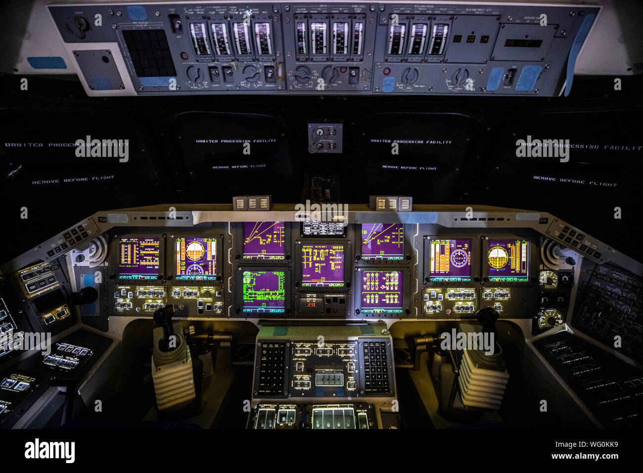 Space Shuttle flight deck at NASA Johnson Space Center, Houston, Texas Stock Photo