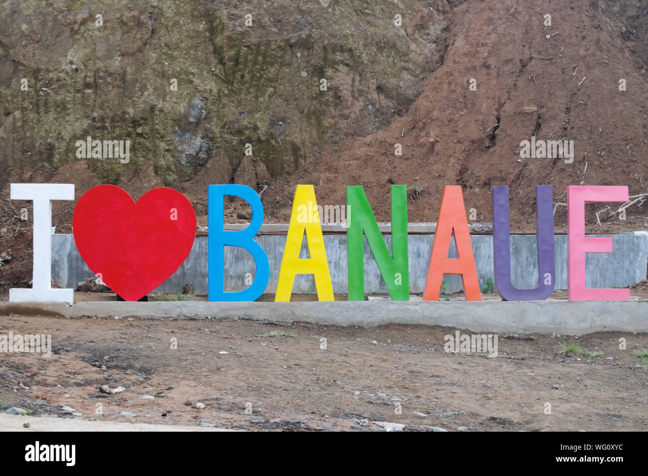 AUGUST 25, 2019-BANAUE IFUGAO PHILIPPINES : Large letterings that spelled ' I HEART BANAUE' displayed at the entrance of the Banaue town. Colourful le Stock Photo