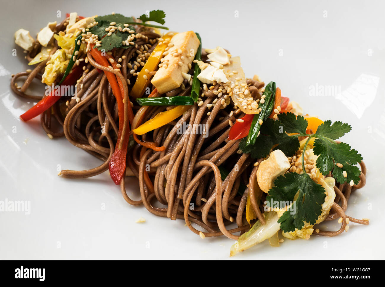 Close-up Of Soba Noodles In Plate Stock Photo